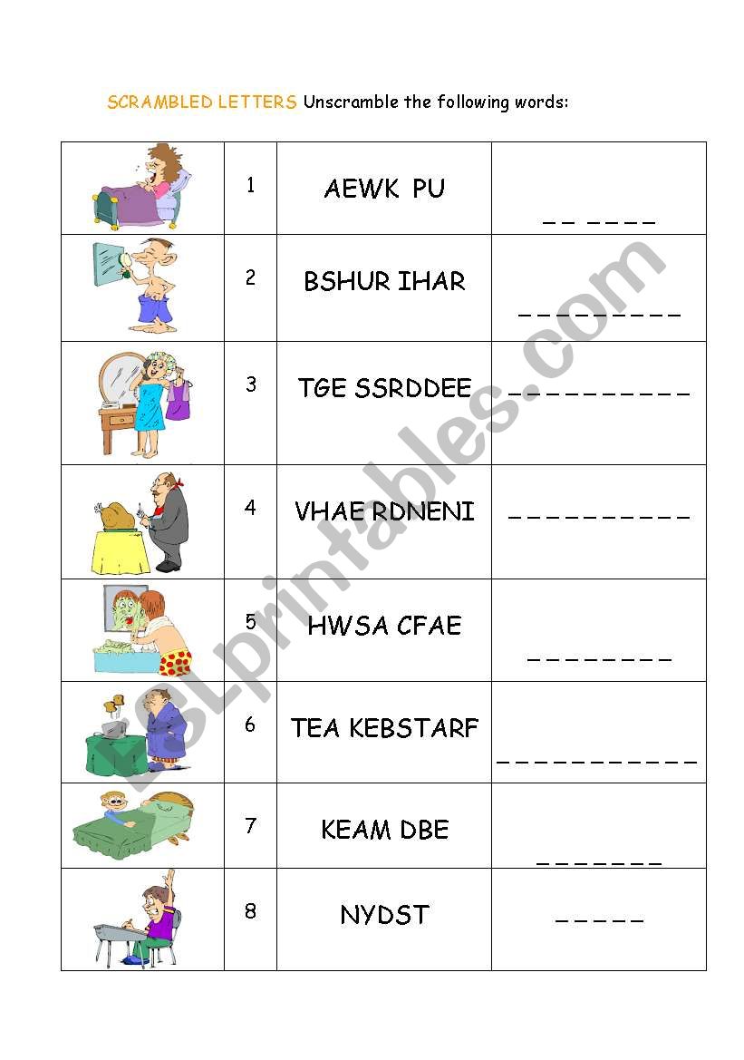 Daily Routines Word Scramble worksheet