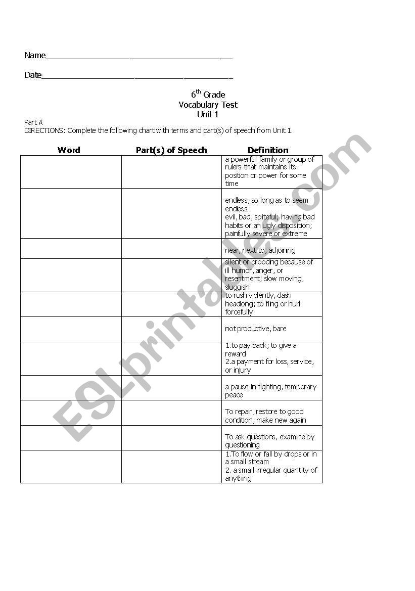 Unit 1 Test worksheet