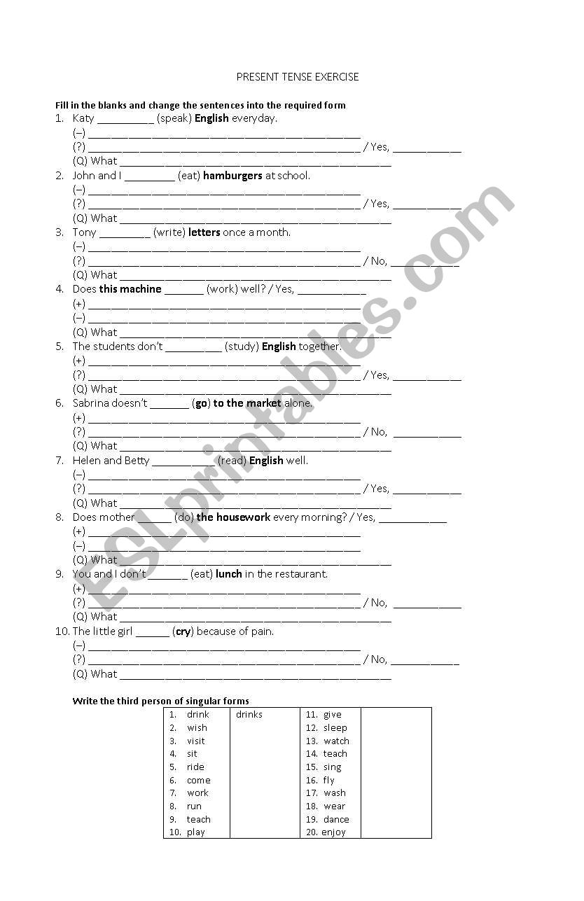 Present Tense Exercises (with sample answers)