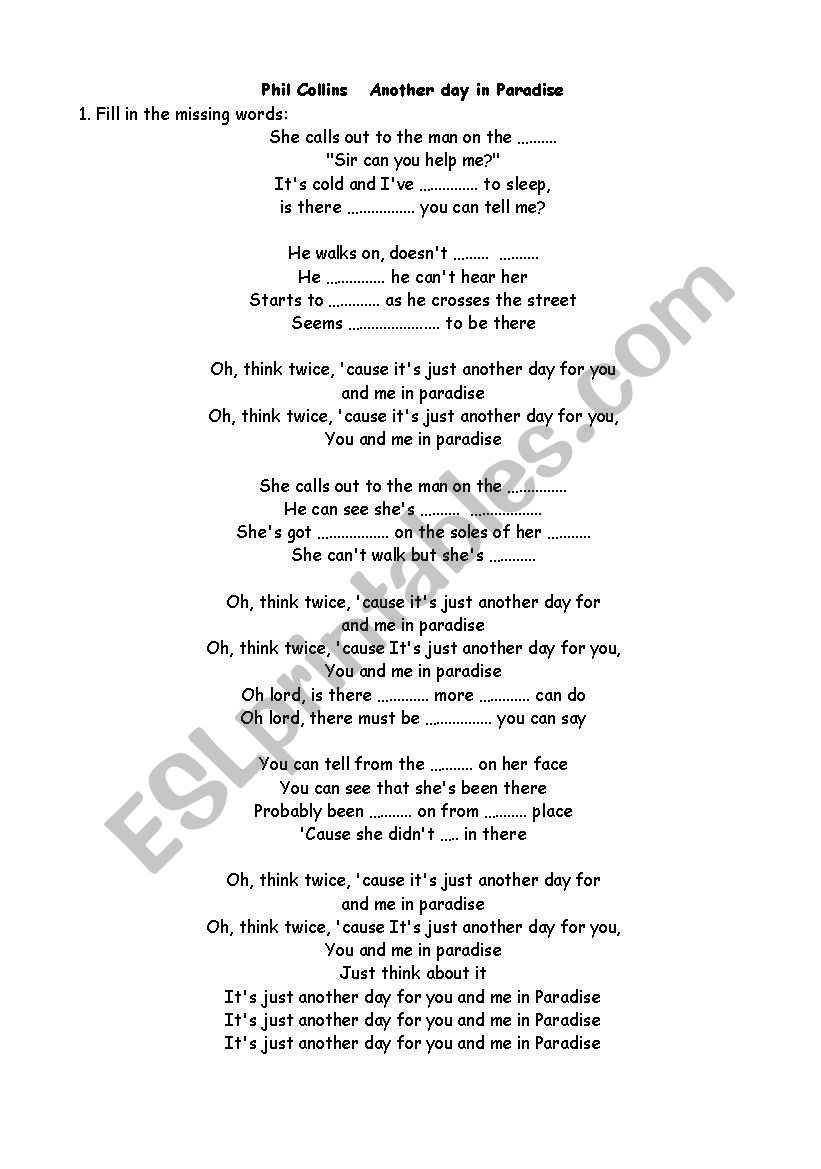 Another Day In Paradise lyrics - ESL worksheet by Adva