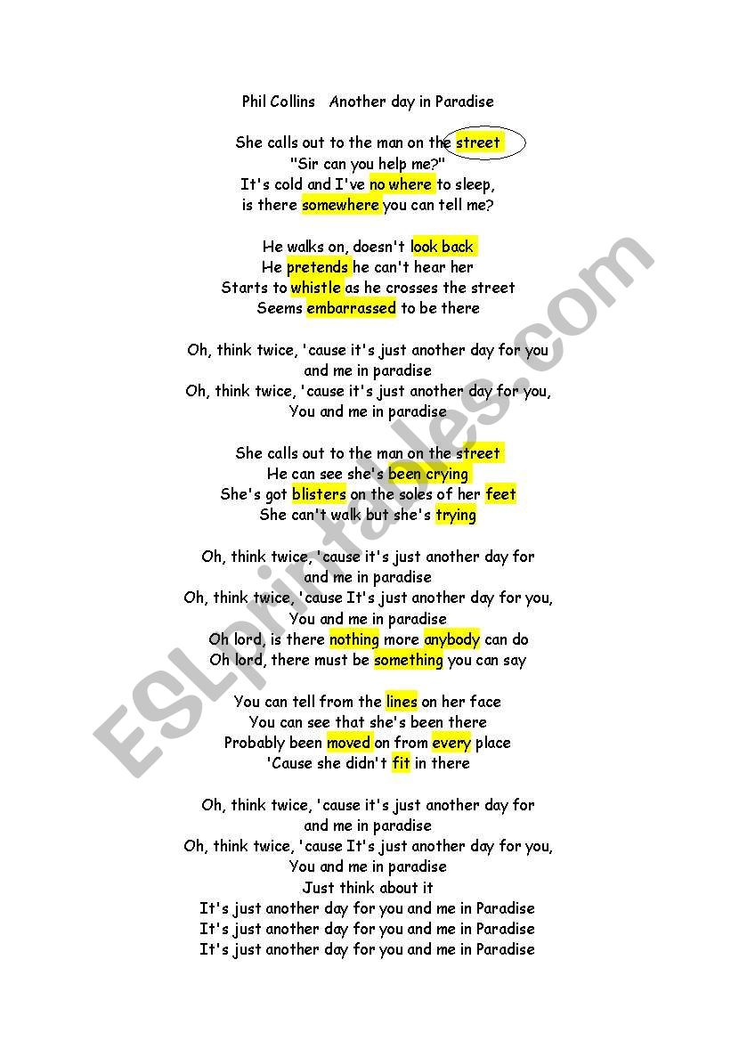 Song: Another Day in Paradise - ESL worksheet by mundico