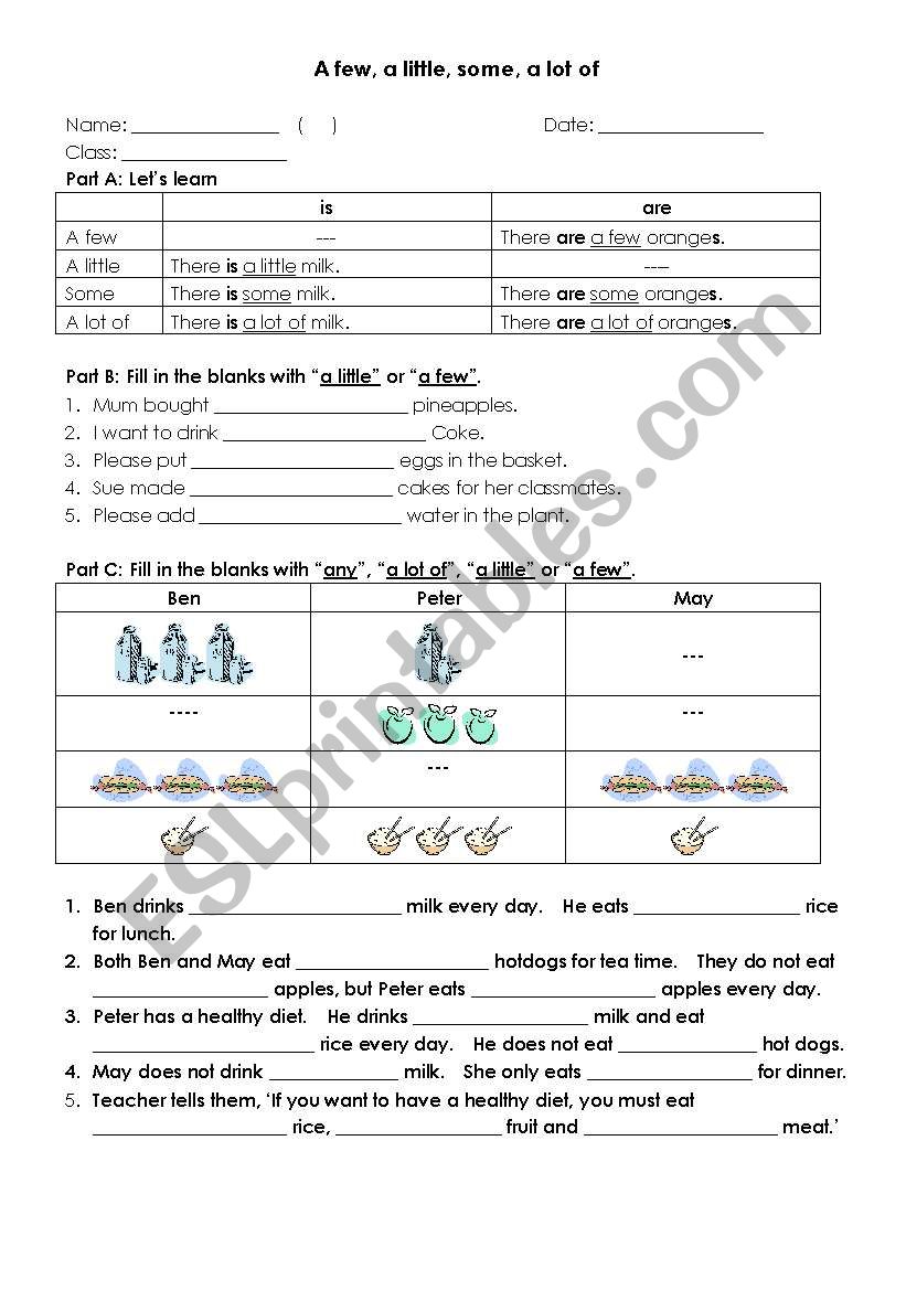 A few, a little or a lot of worksheet