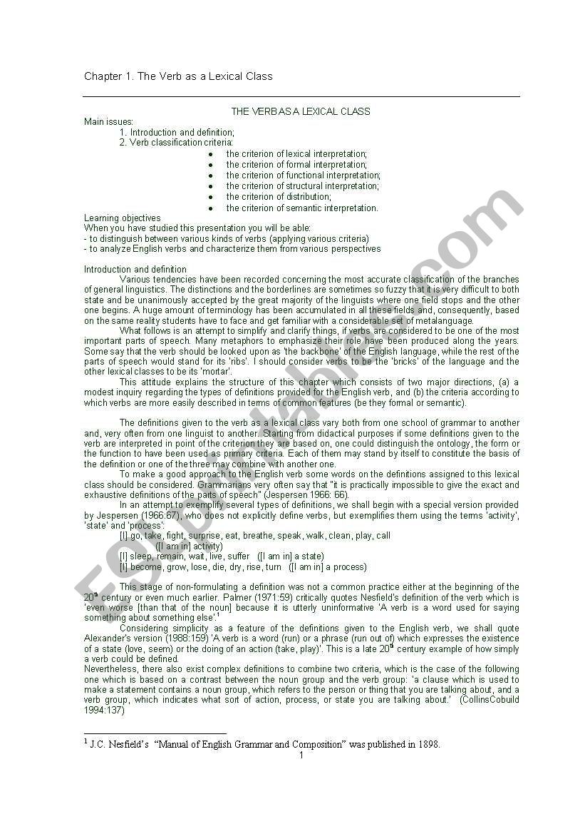 THE VERB AS A LEXICAL CLASS worksheet