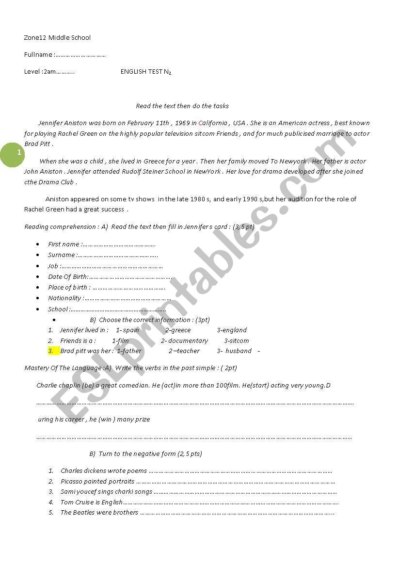 Jennifer Aniston worksheet