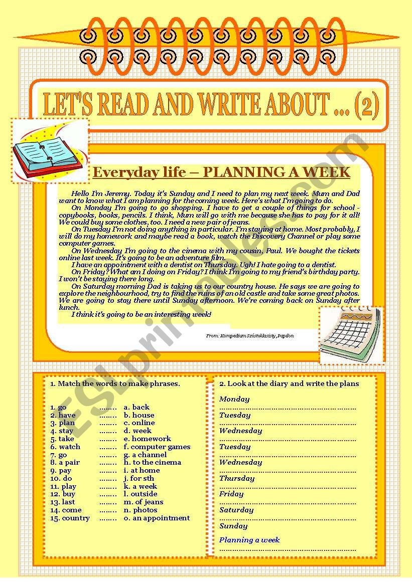 Lets read and write about ..(2) - Everyday life - Planning a week.