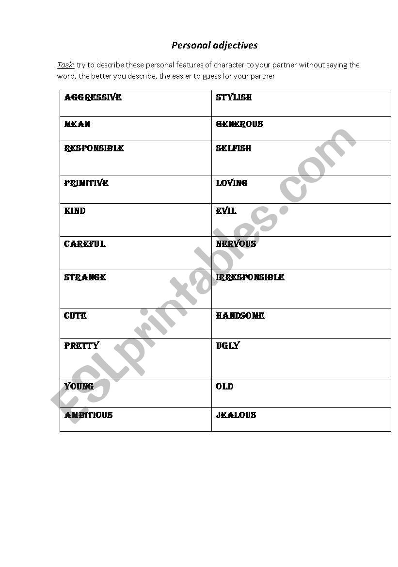 personality adjectives worksheet