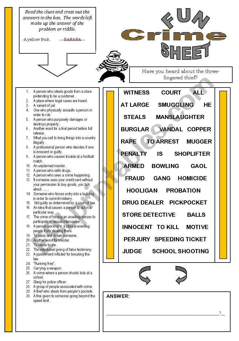 FunSheet Theme: Crime worksheet