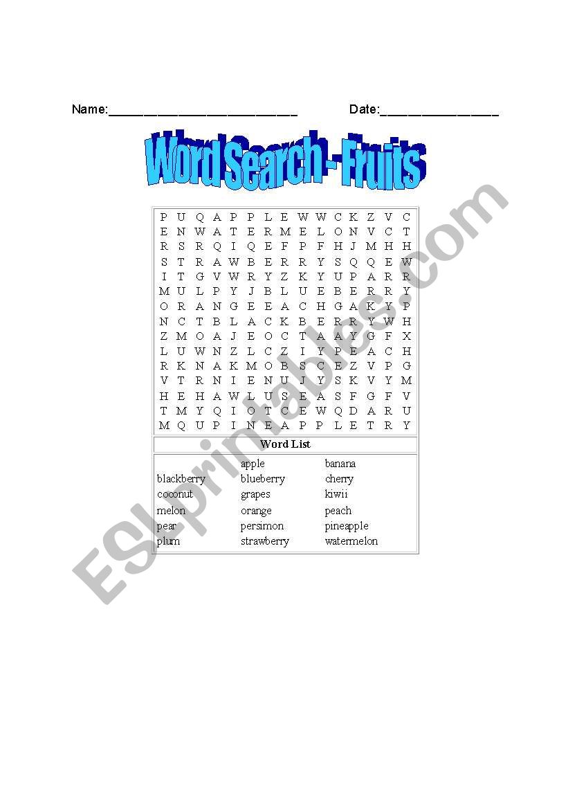 Word Search - Fruits worksheet