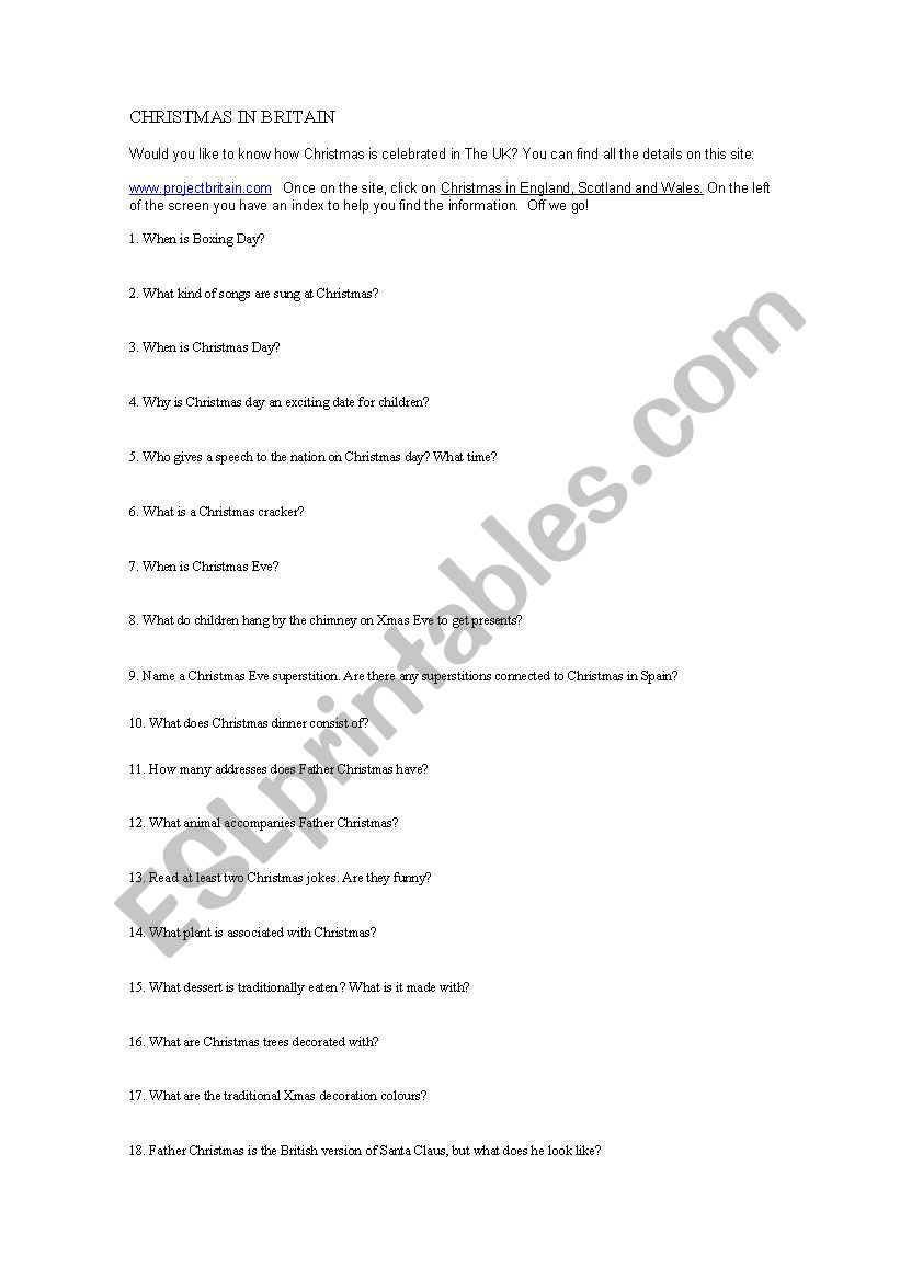 Christmas in Britain worksheet