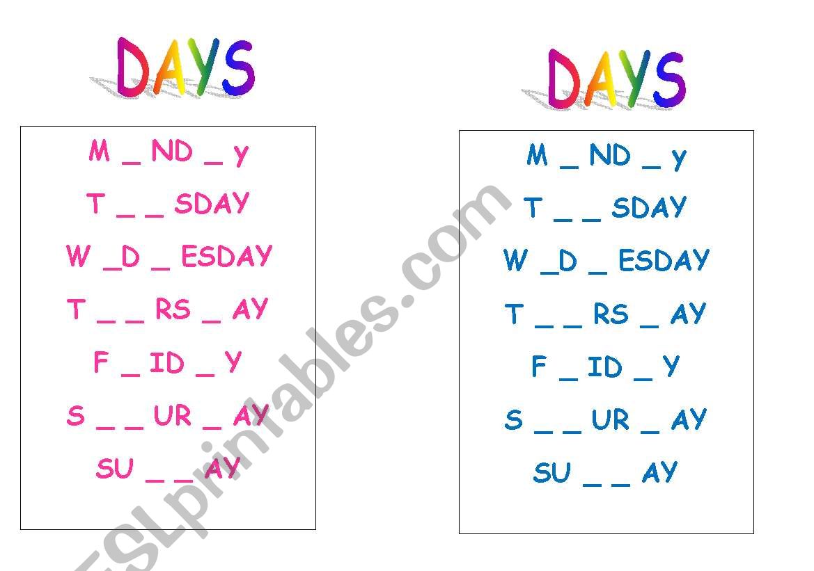 days of the week worksheet