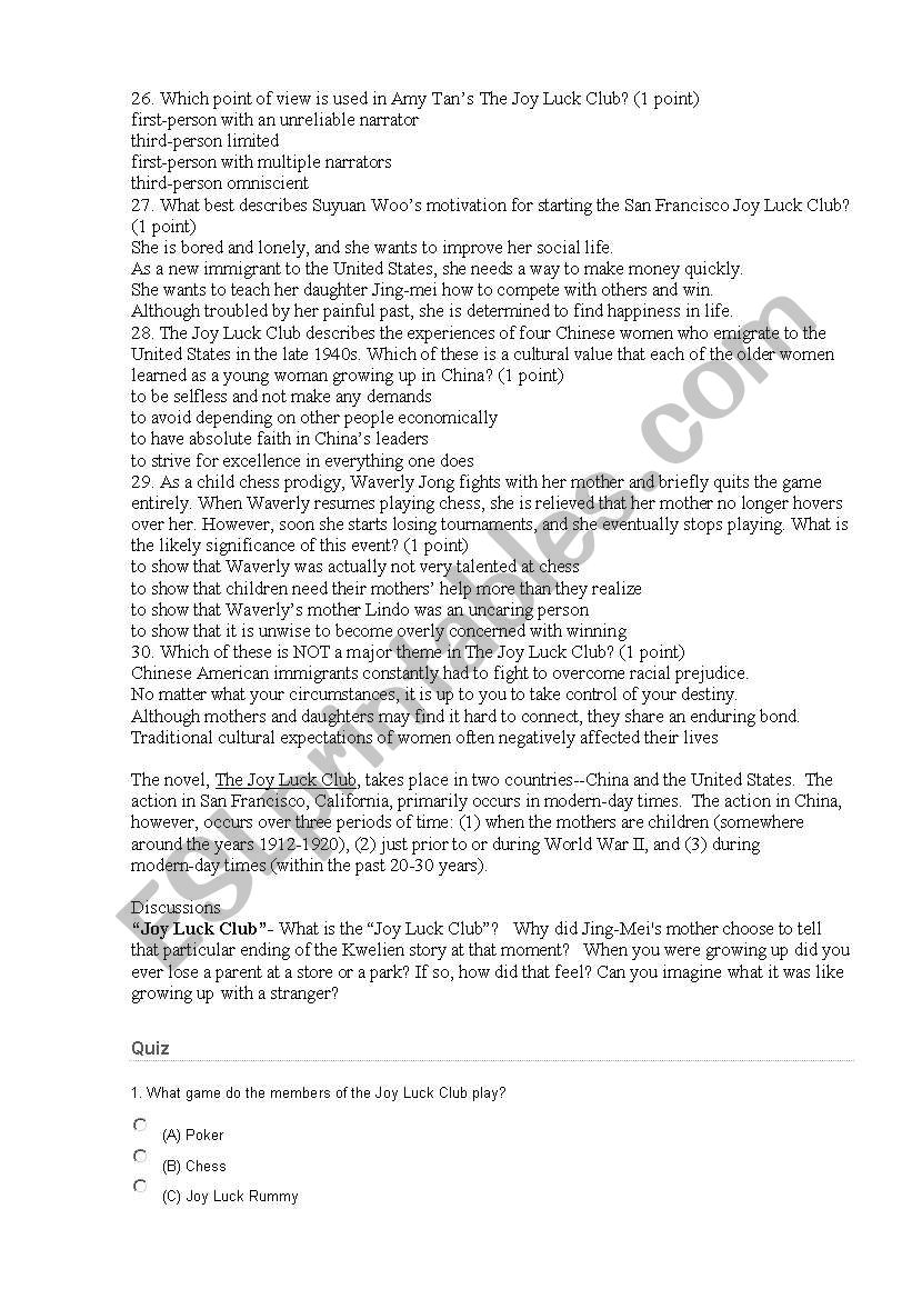 Joy luck club worksheet