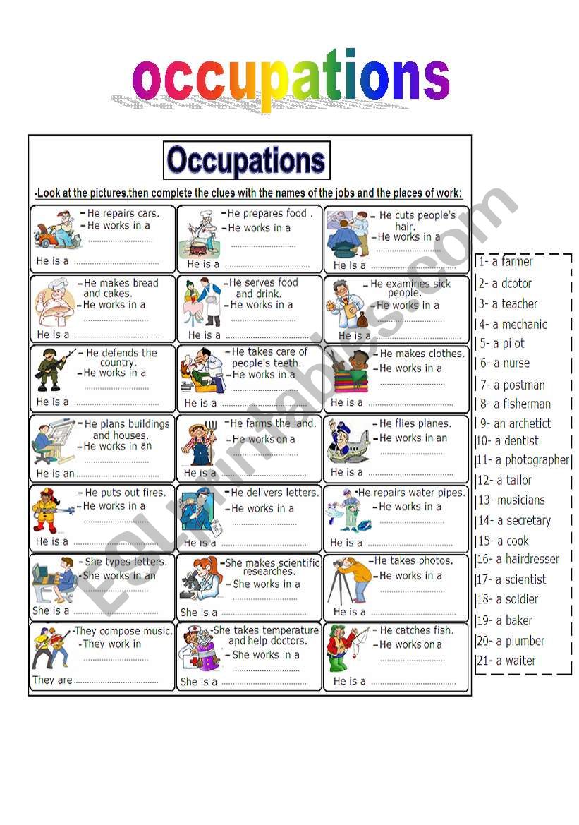 occupations worksheet