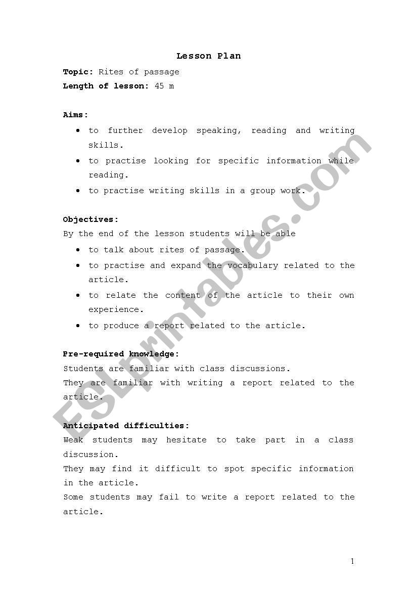 rites of passage worksheet