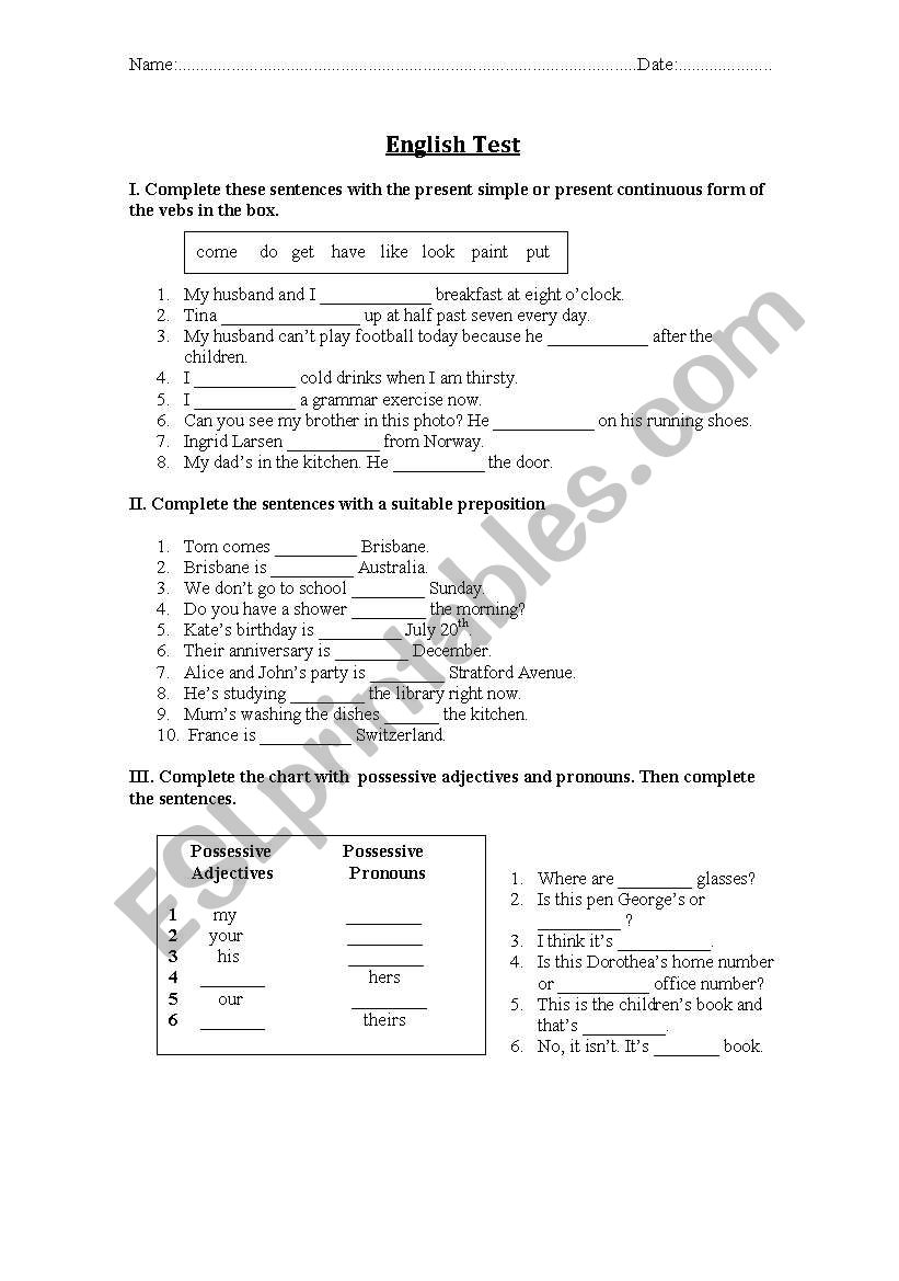 English Elementary Test worksheet