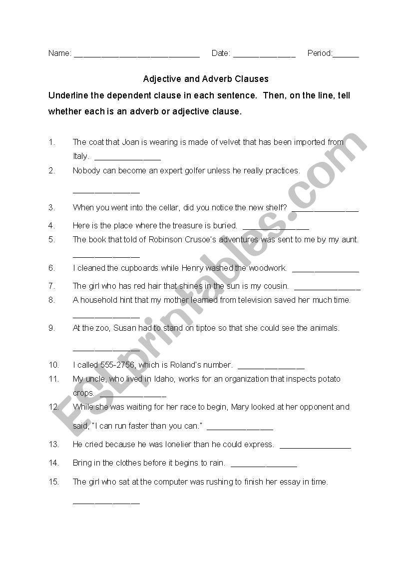 Adverb and Adjective Clauses worksheet
