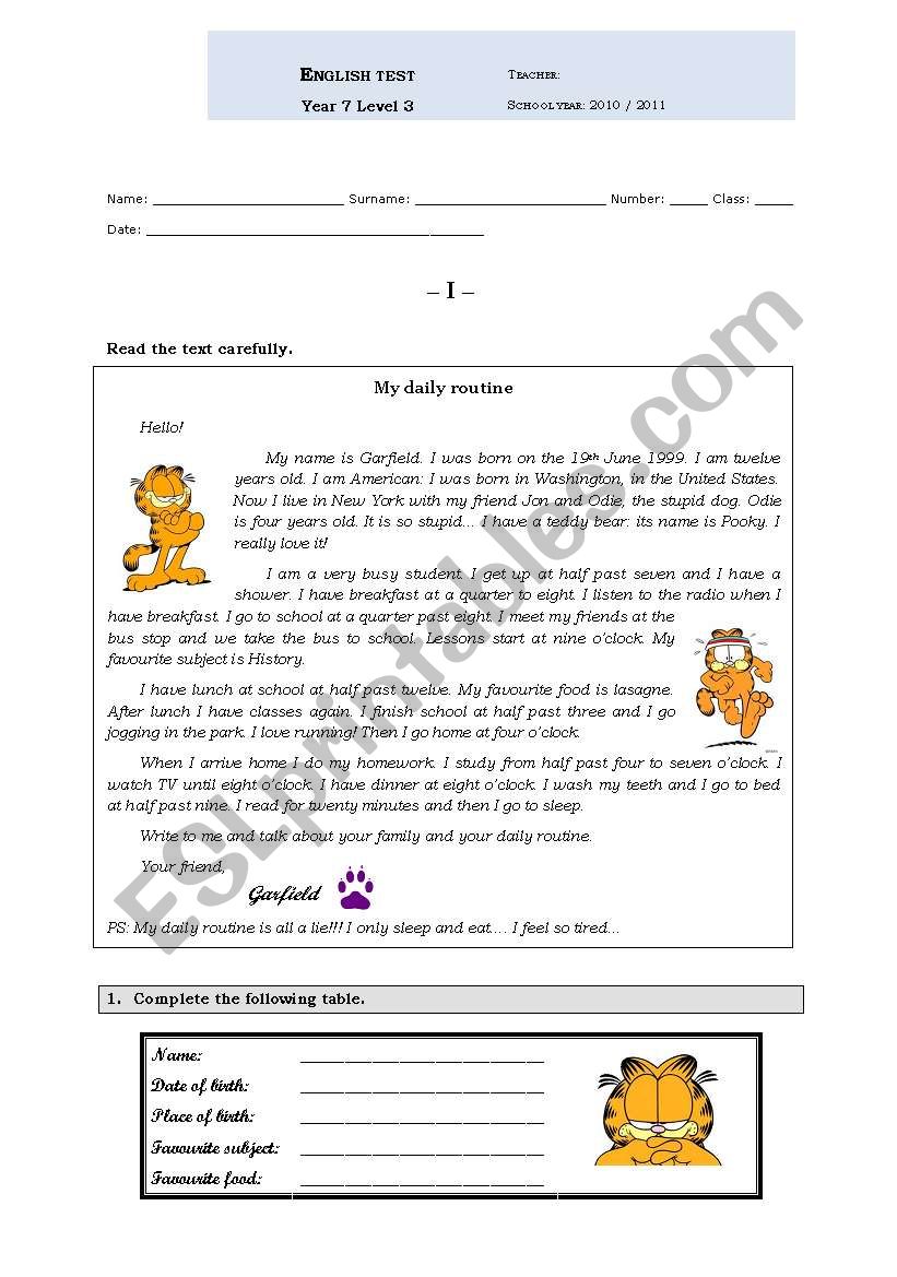 Garfields Daily Routine worksheet