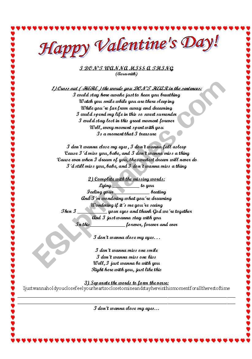 Valentines Song worksheet