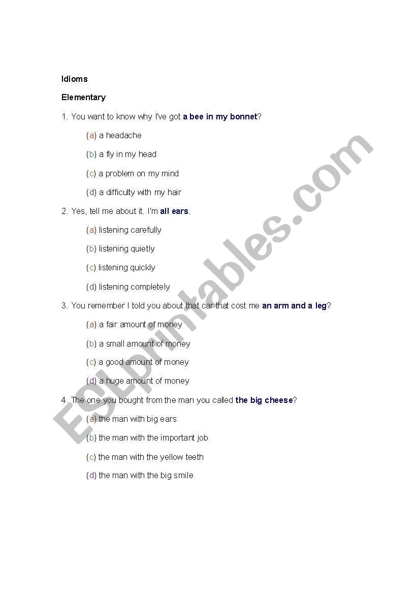 Idiom quiz worksheet