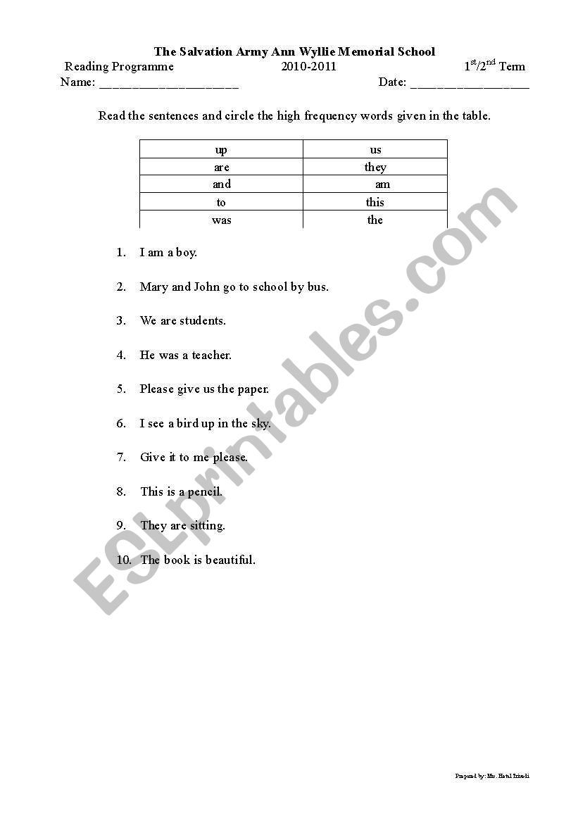 High Frequency Words worksheet
