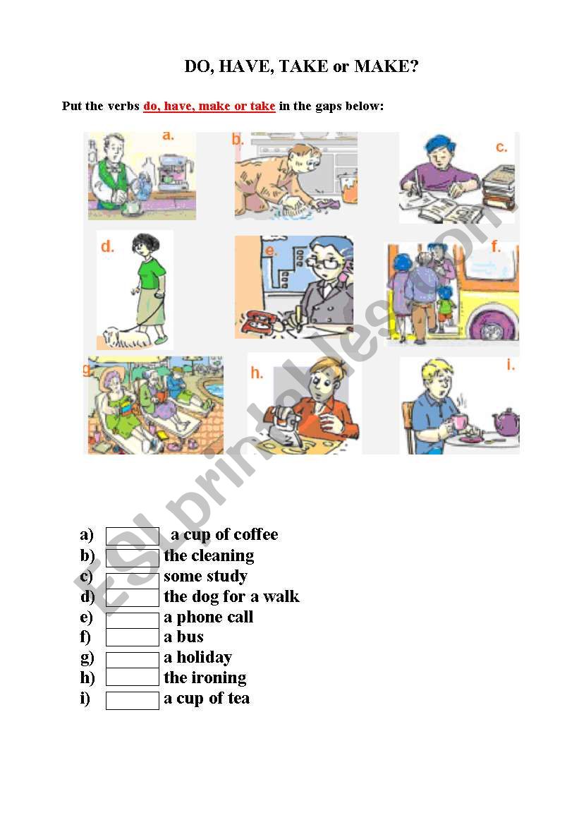 Do, Have, Take or Make worksheet