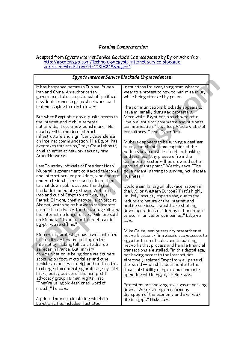 Reading Comprehension based on an article about the recent Internet blockage in Egypt