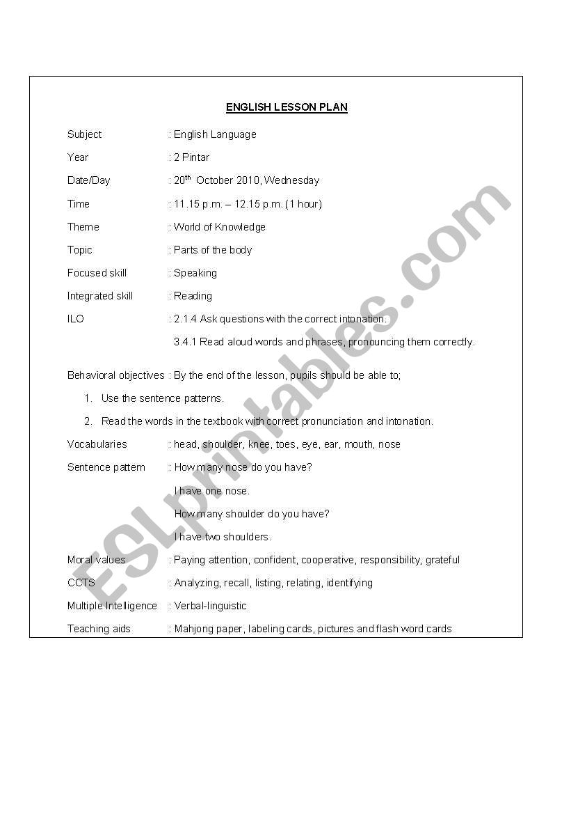 Parts of the body worksheet