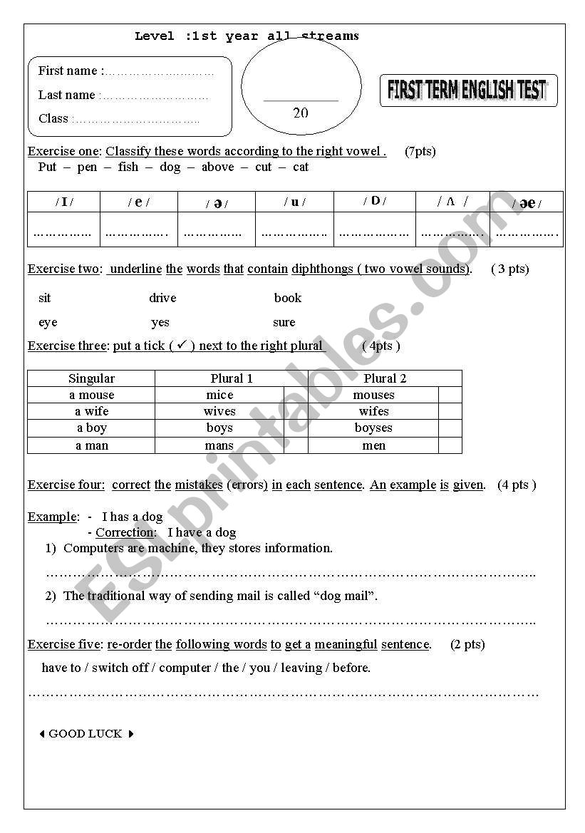 test worksheet