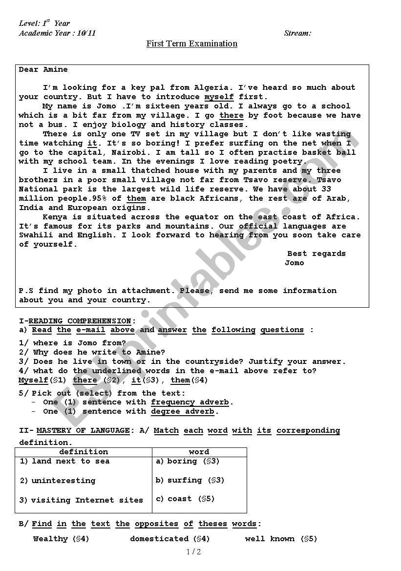 A keypal from Algeria worksheet