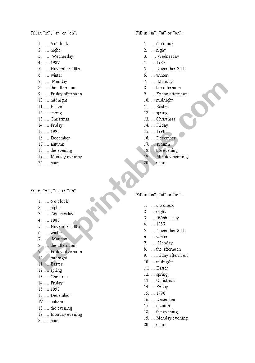 Time prepositions worksheet