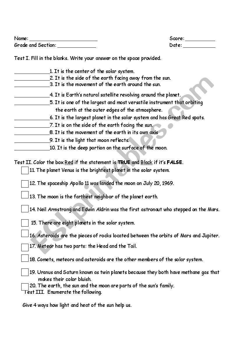 solar system worksheet