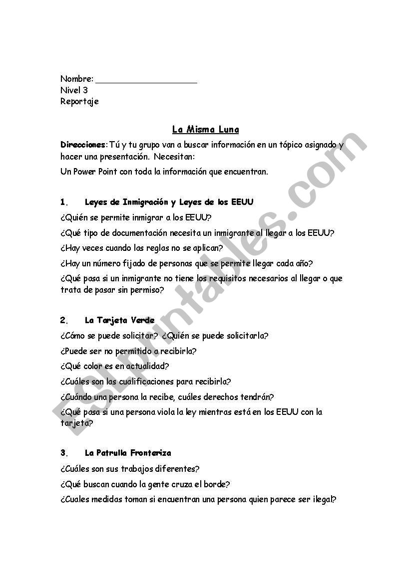 La Misma Luna worksheet