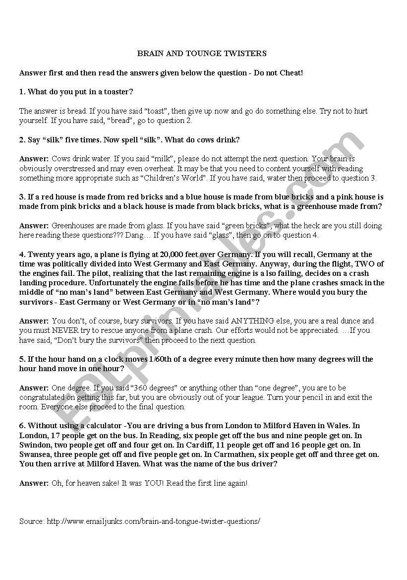 Brain and tounge twisters worksheet