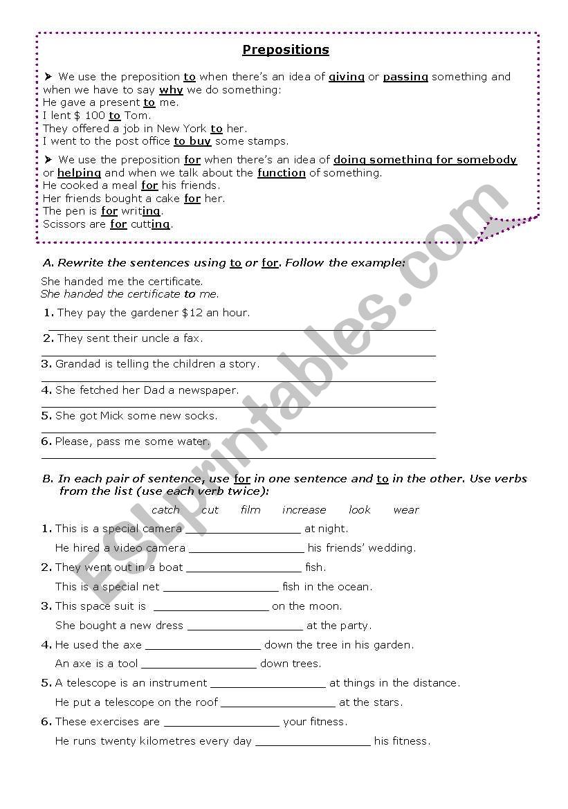 Prepositions (to / for) worksheet