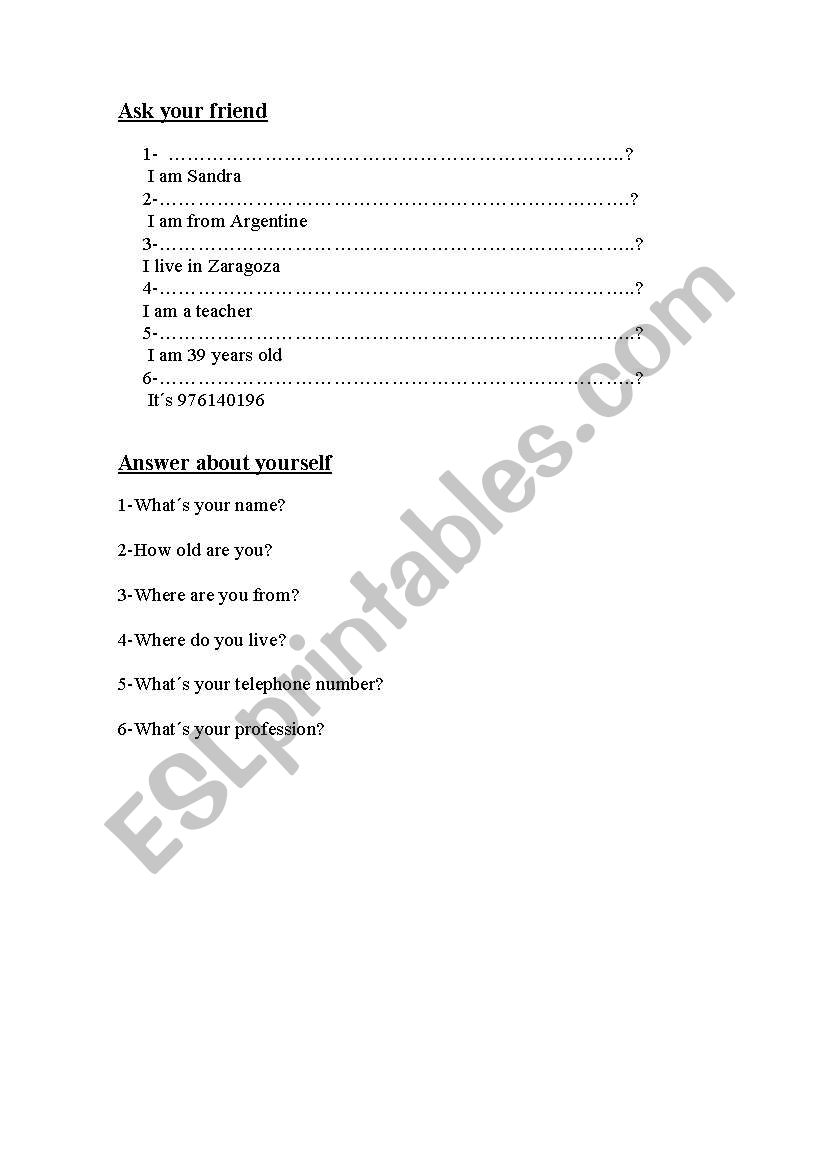 personal questions worksheet