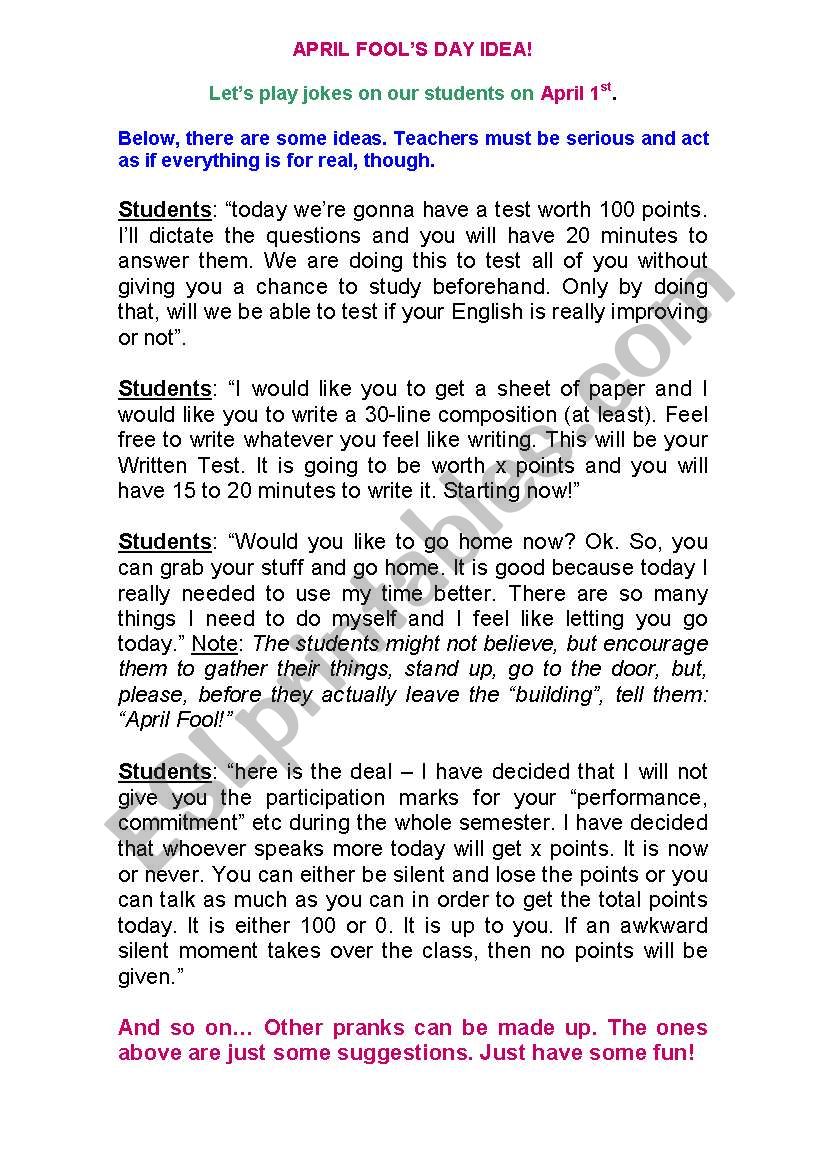 April Fools Ideas worksheet