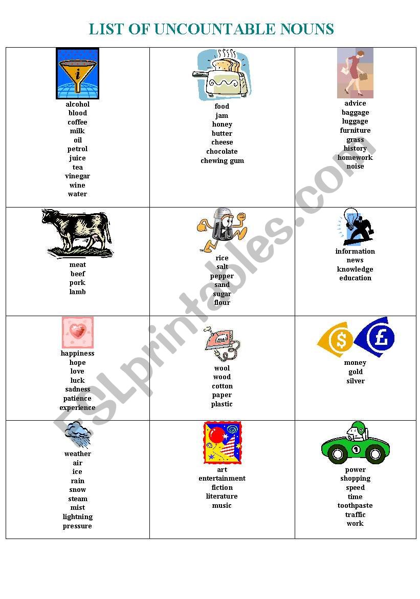 list of uncountable nouns worksheet