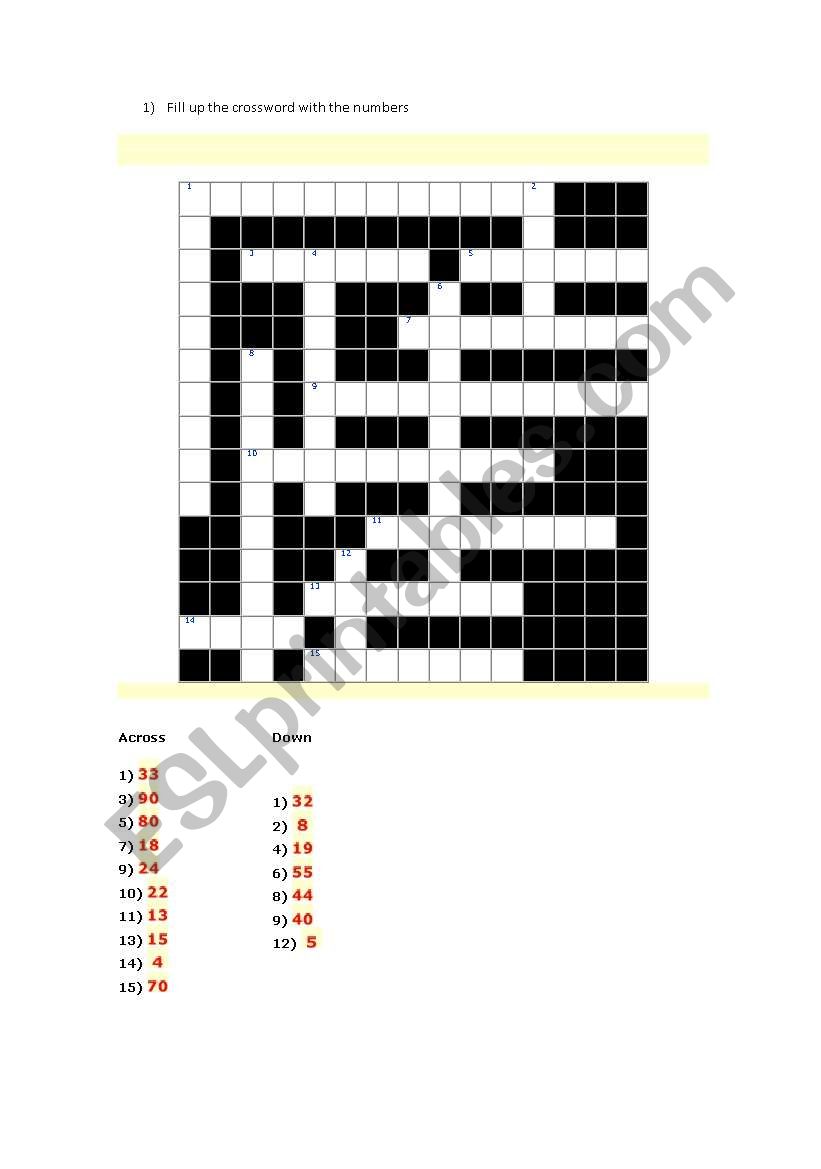 Numbers crossword worksheet