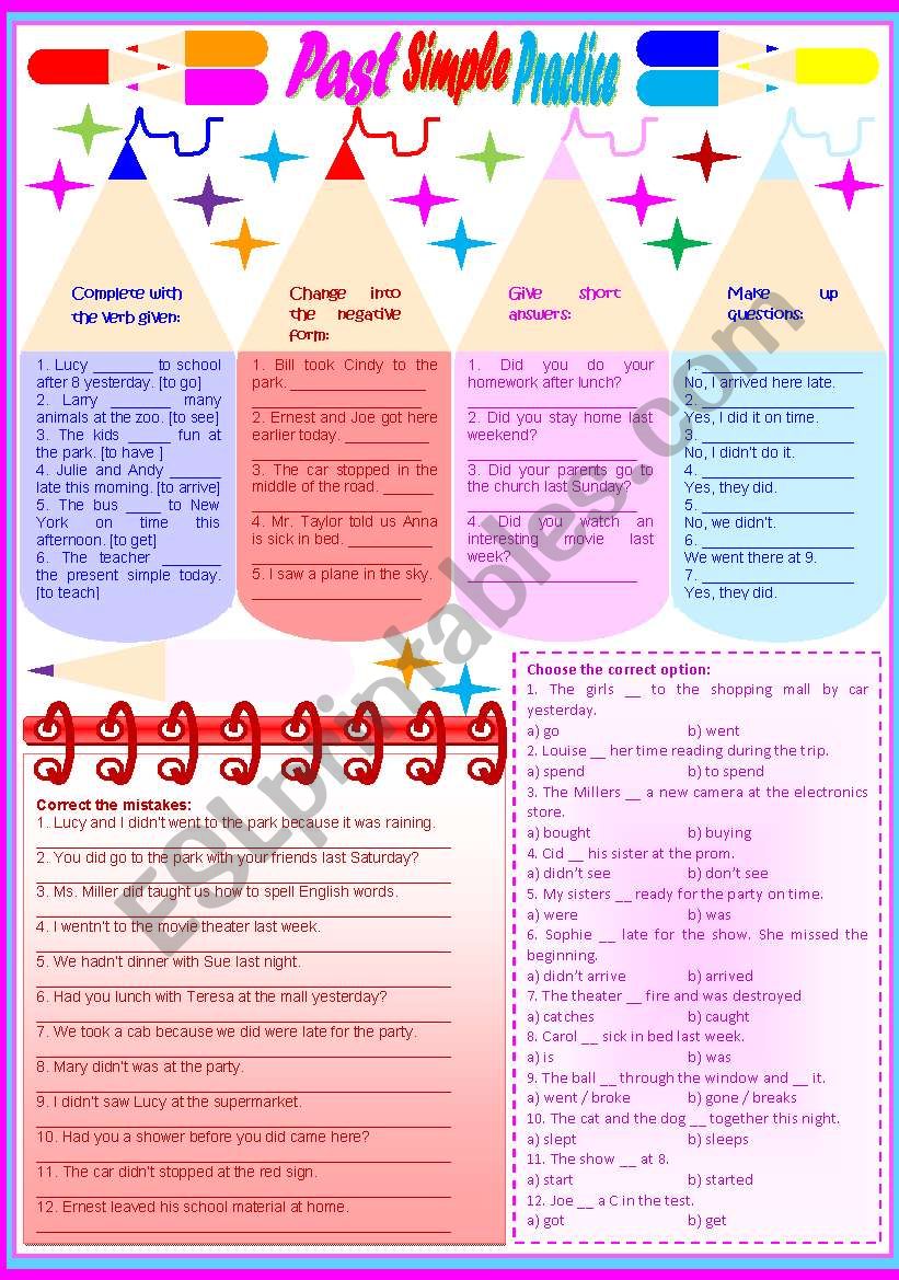 Past Simple Practice – exercises • 6 tasks • 2 pages • teacher’s handout with answers • fully editable