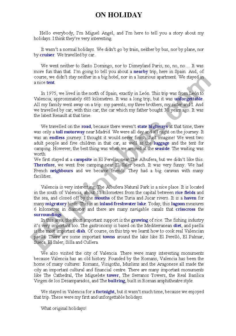 On holiday worksheet