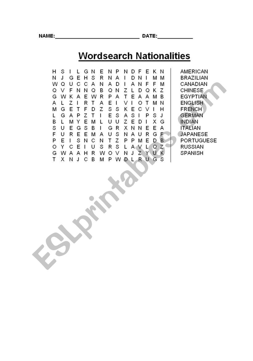 Wordsearch: Nationalities worksheet