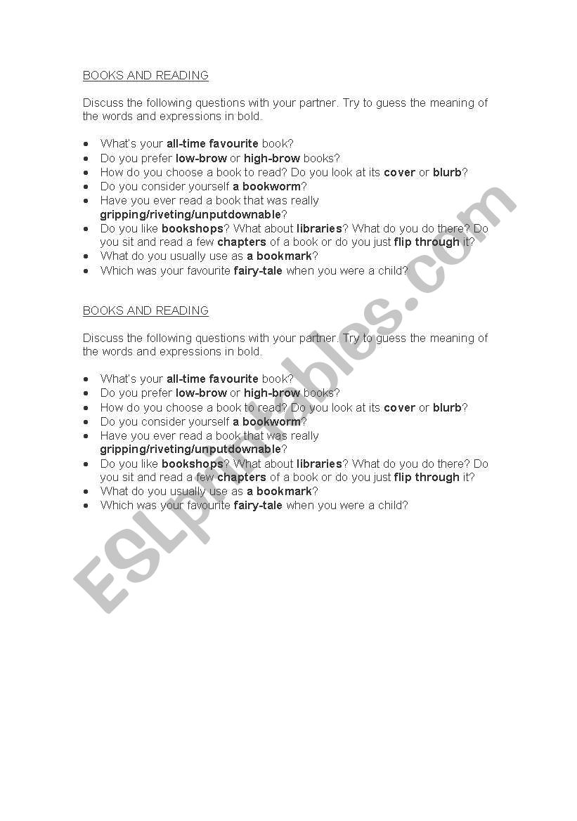 Books and Reading worksheet