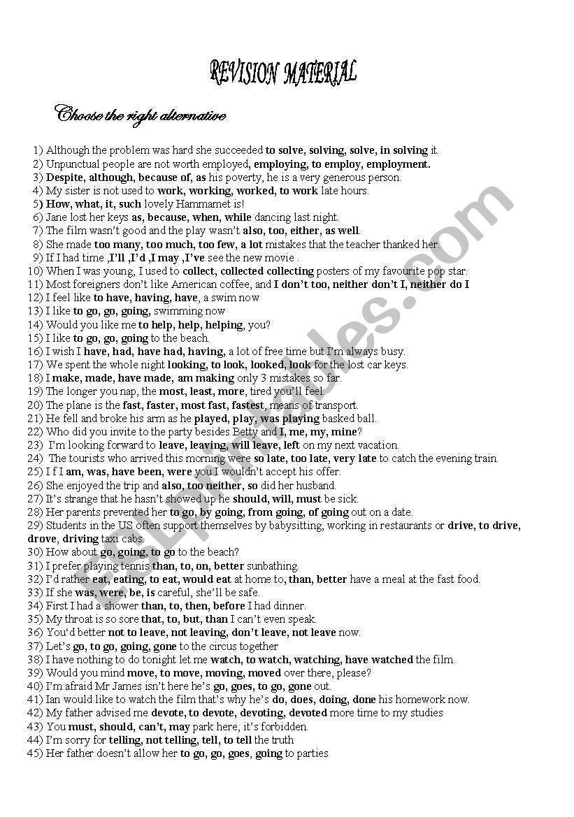 revision sentences worksheet