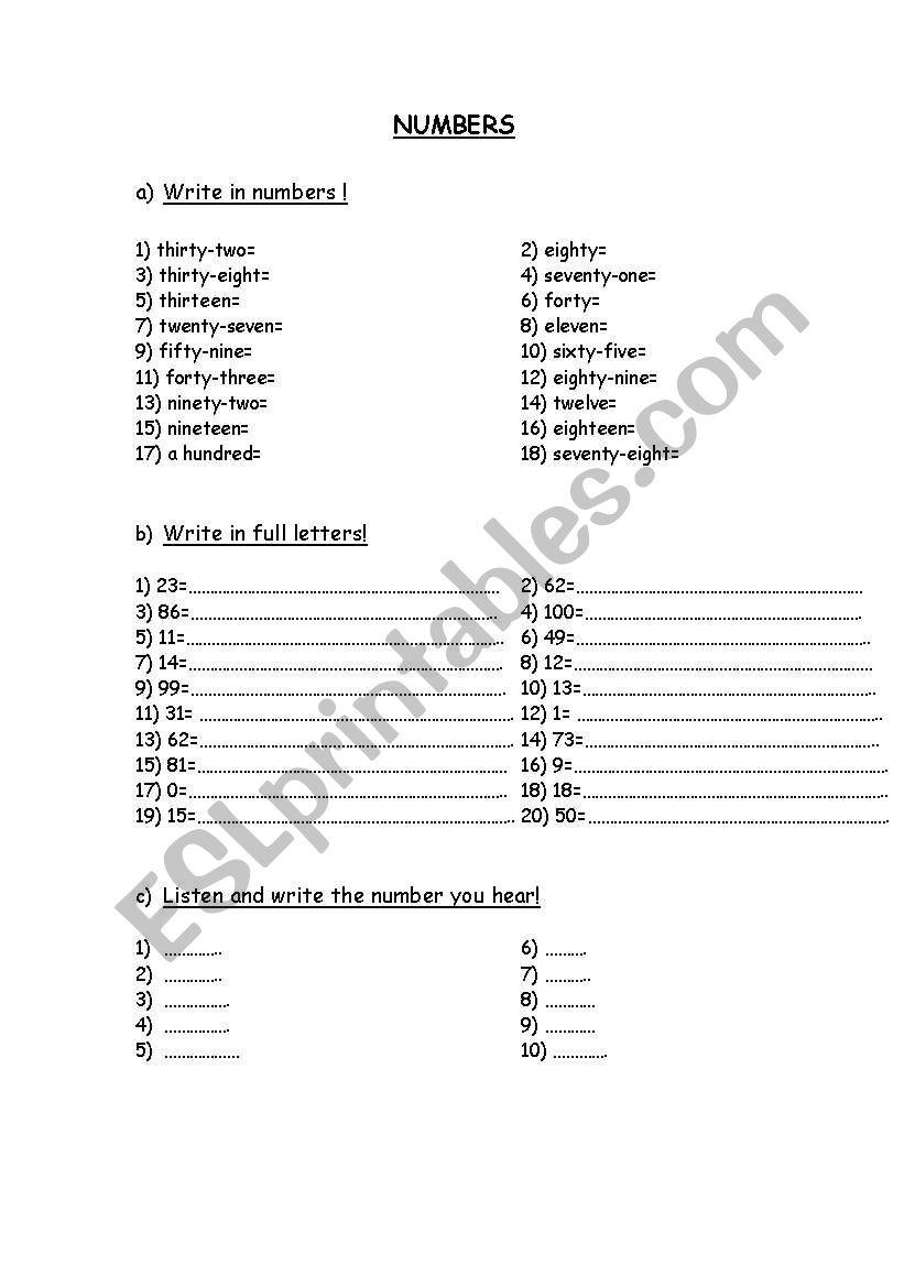 Numbers-->100 worksheet