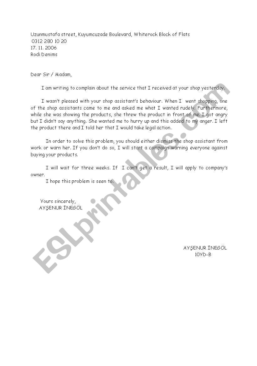 LETTER OF COMPLAINT worksheet