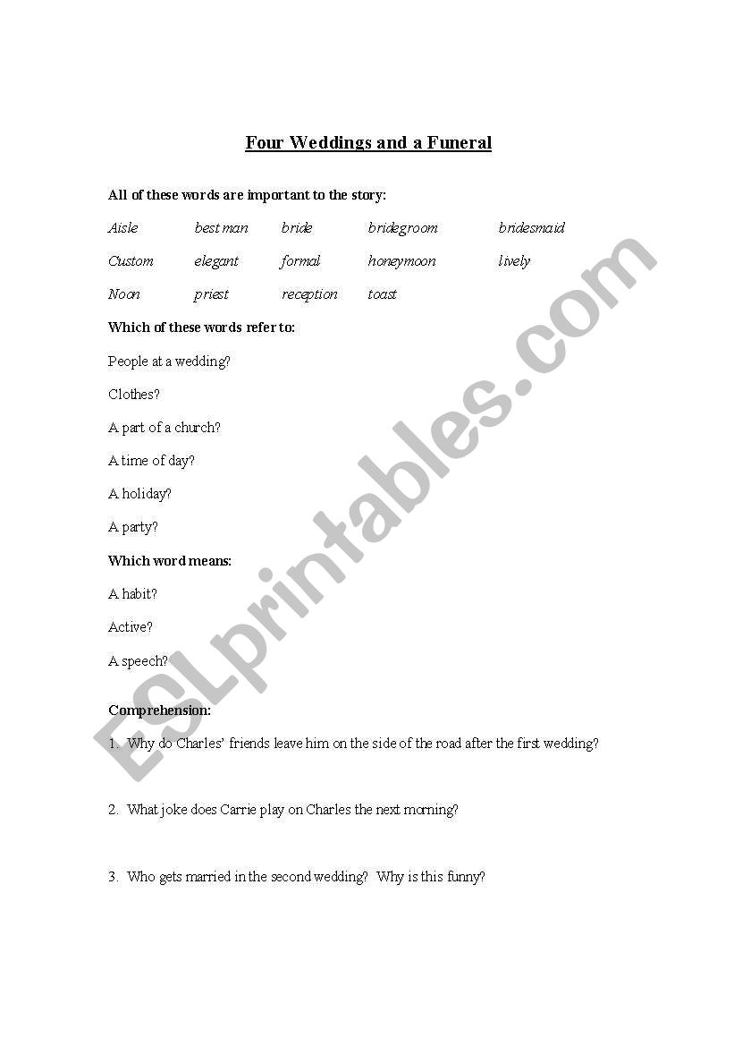 Four Weddings and a Funeral worksheet