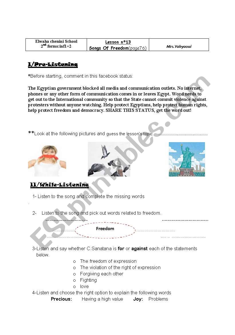 lesson n°13:Songf Of Freedom worksheet