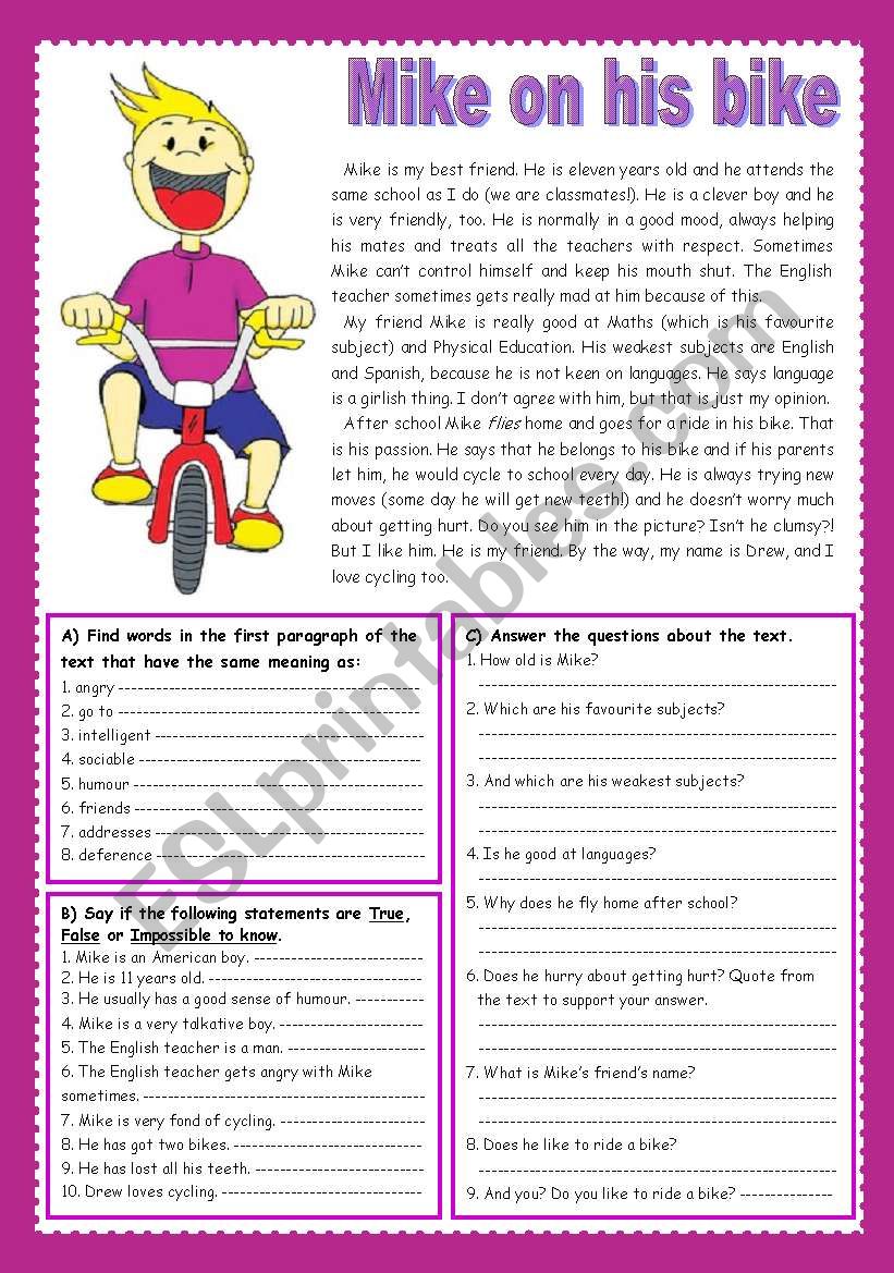 Mike on his bike worksheet