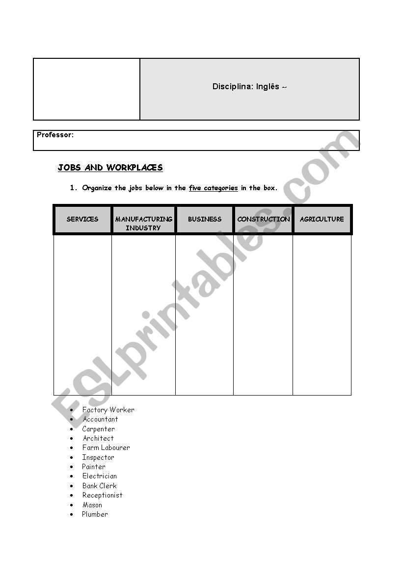 Jobs and Workplaces worksheet