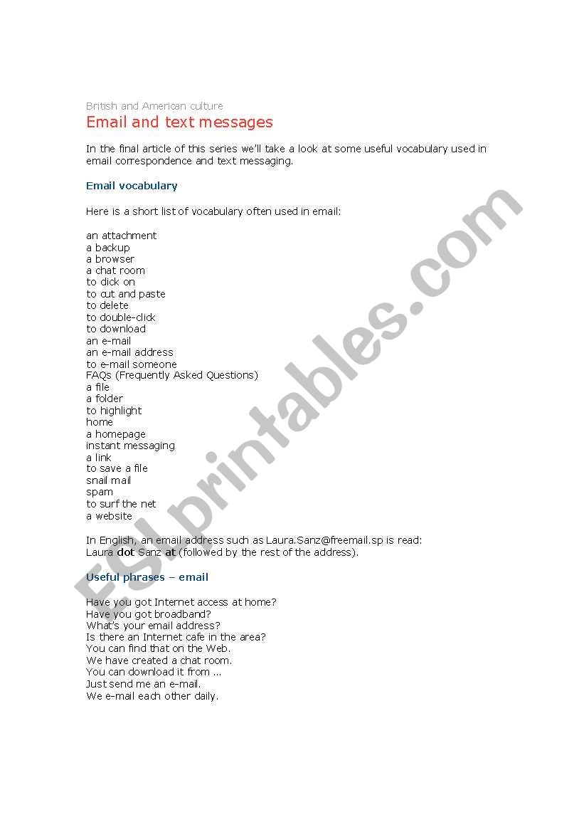 Email and text messages worksheet