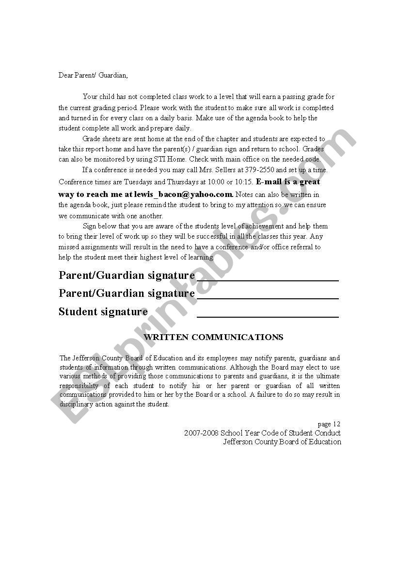 Parent letter worksheet